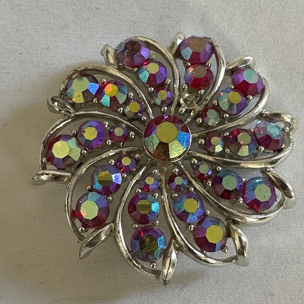 Elegant Silver and Red Crystal Brooch
